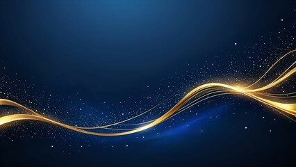 Dark blue luxury background with shiny gold wave lines