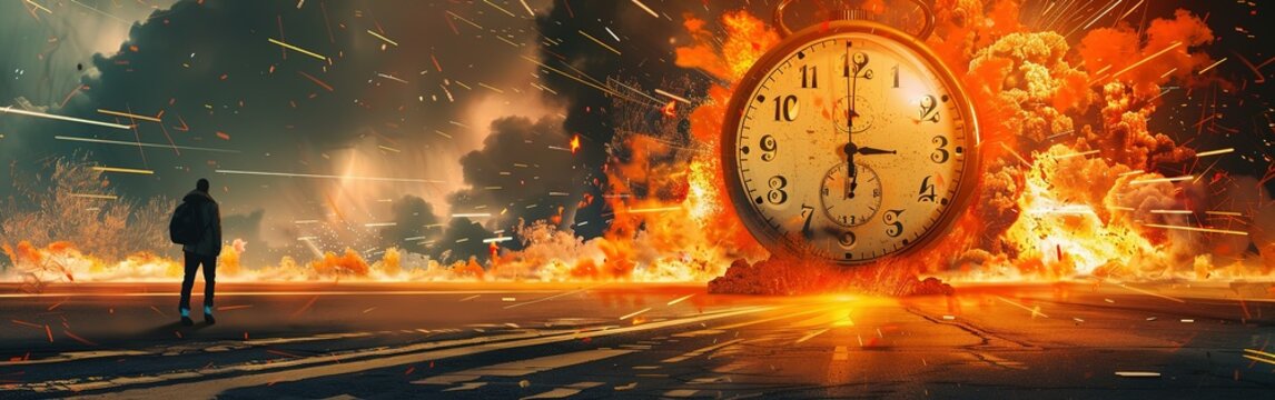 Clock on fire times burning end in fiery clock Running after time, alarm clock burning in fire, exploding rush hour