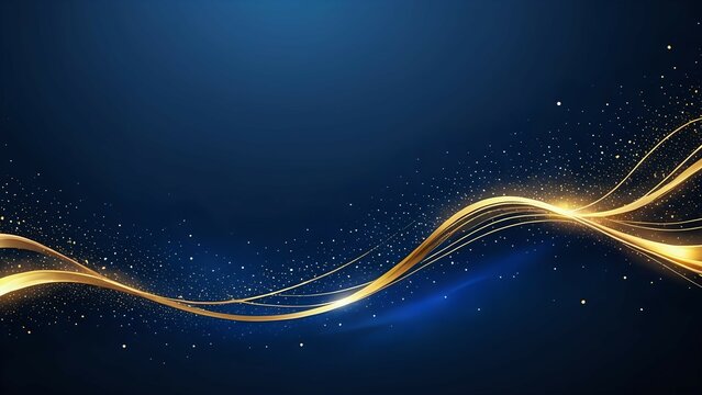 Dark blue luxury background with shiny gold wave lines