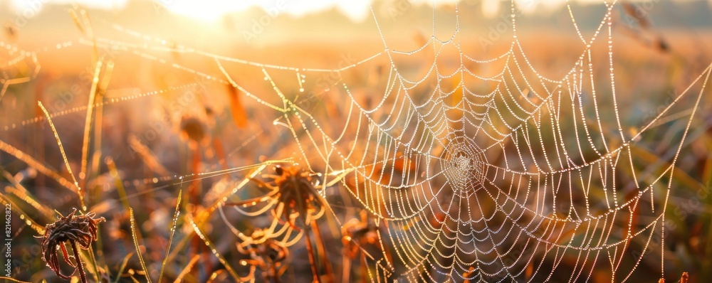 Wall mural a spider web is seen in a field of flowers. the web is very large and is spread across the entire fi