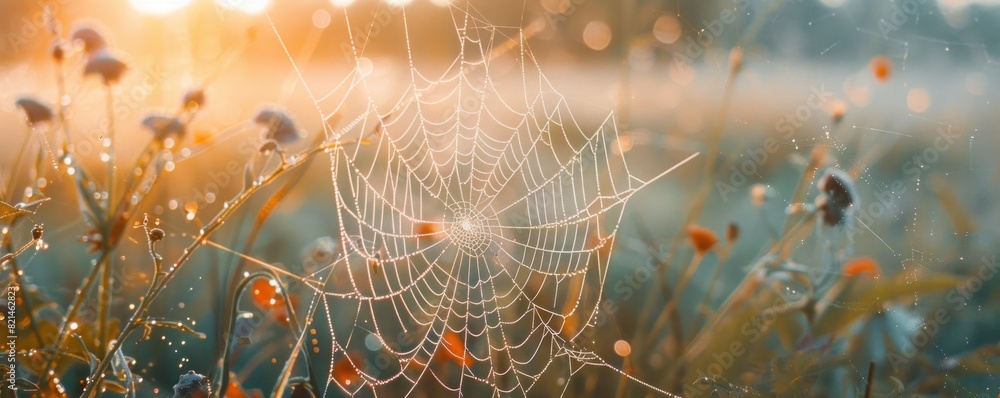Wall mural a spider web is seen in a field of flowers. the web is very large and is spread across the entire fi