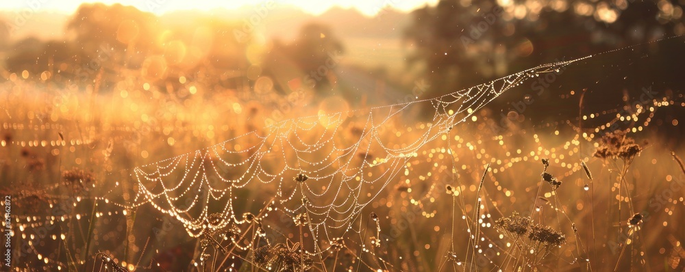Wall mural a spider web is seen in a field of flowers. the web is very large and is spread across the entire fi