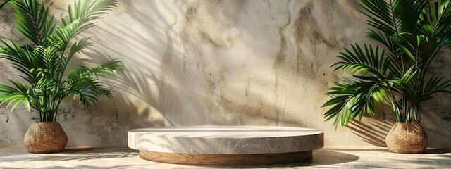 Podium background display bamboo product 3D platform cosmetic plant beauty. Podium white background display green leaf shadow marble stand presentation nature space empty scene stone fresh light.
