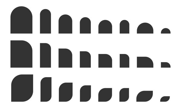 Set of arch, semiarch and leaf shapes. Elegant templates for wedding invitation or greeting cards, business brochures, event or party banners isolated on white background. Vector graphic illustration.