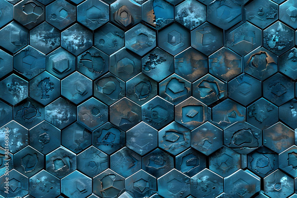 Poster polished tiles arranged to create a 3d wall. blue patina, textured background formed from hexagonal 