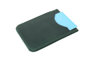 Leather business card holder with card isolated on white