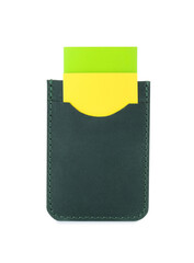 Leather business card holder with cards isolated on white