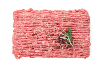Raw ground meat, rosemary and peppercorns isolated on white