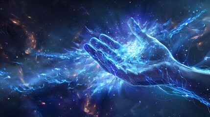 Illustrate a spiritual hand manipulating the wiring diagram of the universe channeling cosmic energy
