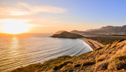 Photo beautiful sunset on the beach photo as a background, mountains and sea; autumn or summer landscape by blue water