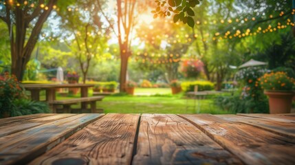 Obraz premium A wooden table set up in a beautiful green park, perfect for outdoor dining or picnics