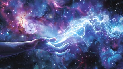 Illustrate a spiritual hand manipulating the wiring diagram of the universe channeling cosmic energy
