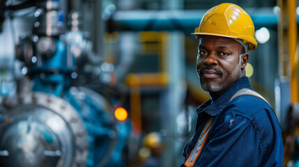 An experienced industrial worker wearing a yellow hard hat and safety gear, standing in a high-tech factory environment.