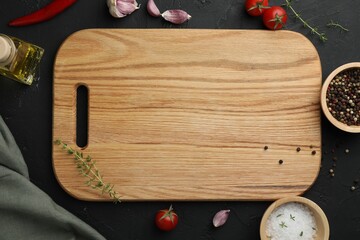 Cutting board, fresh tomatoes and different spices on grey textured table, flat lay