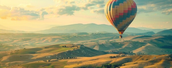 Fototapeta premium A colorful hot air balloon is flying over a beautiful landscape with mountains in the background. The scene is peaceful and serene, with the hot air balloon adding a sense of adventure