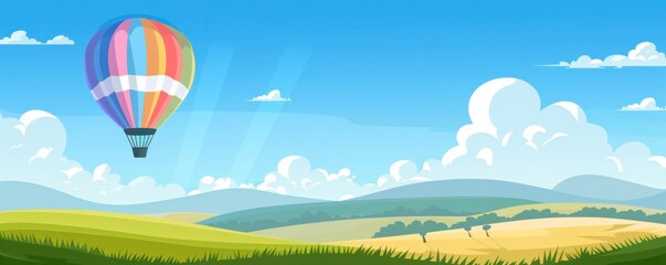 Obraz premium A colorful hot air balloon is flying over a beautiful landscape with mountains in the background. The scene is peaceful and serene, with the hot air balloon adding a sense of adventure