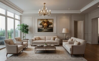 Elegant professional photograph of a white and gold luxury living room interior with a grand chandelier and lush greenery