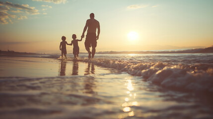 A family is taking a leisurely walk by the sea, holding hands with the setting sun casting a warm glow across the tranquil waters and sandy beach - Generative AI