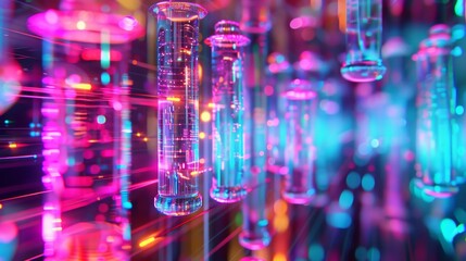 Neon glow glass flasks in laboratory for science or technology themed designs