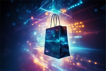A digital landscape showing a stream of data leading to a virtual shopping bag, online shopping, dynamic and dramatic compositions, with copy space