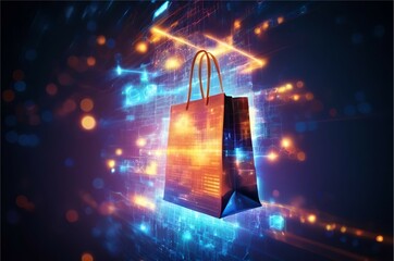 A digital landscape showing a stream of data leading to a virtual shopping bag, online shopping, dynamic and dramatic compositions, with copy space