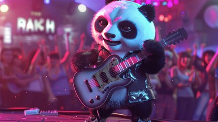 Panda playing guitar on stage for a rock concert