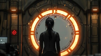 A woman standing in front of a circular light, AI