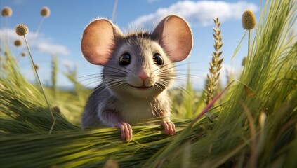 Tiny Observer Mouse in the Grass Locking Eyes