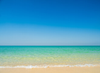 Fototapeta premium Horizon Landscape summer season panorama front view point tropical sea beach white sand clean and blue sky background calm nature ocean beautiful wave water travel at Sai Kaew Beach thailand holiday