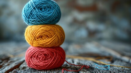 vibrant yarn balls on rustic wood table, perfect for diy crafting theme with room for text