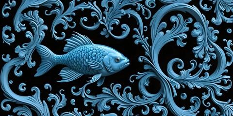 wallpaper representing a pattern of blue fish, on a black background with loops and soft curves in relief.