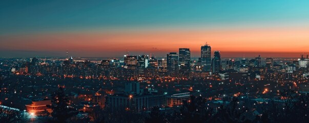 Obraz premium A city skyline at sunset with a bright orange sun in the sky. The city is lit up with lights and the sky is filled with clouds