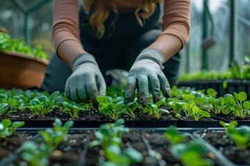 Woman planting seedlings in a greenhouse