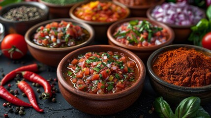 gourmet culinary display, assorted spices and herbs encircling a bowl of sugo, showcasing its flavors and aroma, with sugo culinary background and space for text