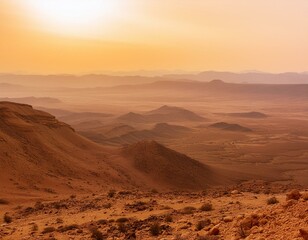 Atmospheric Panorama on the Surface of Mars. Martian Landscape Photo with Hazy Orange Sky.
