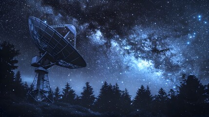 Radio telescope in starry night with milky way
