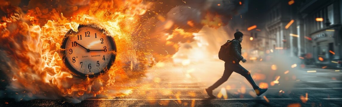 Clock on fire times burning end in fiery clock Running after time, alarm clock burning in fire, exploding rush hour