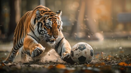 Action photograph of tiger playing soccer Animals. Sports