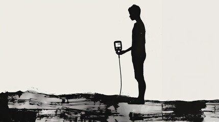 Silhouette of a person holding a medical device in a black and white abstract design