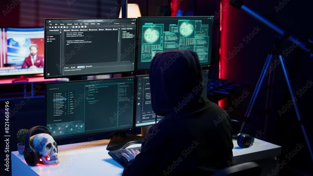 Poster cybercriminal coding, developing zero day exploit undetectable by antivirus software installed on sy