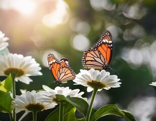 Fototapeta premium Beautiful butterflies gracefully float on white flowers, amidst lush green nature, under a bright sunlit sky