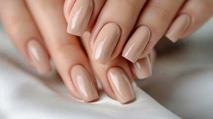 Close-up di mani di donna con manicure neutra e unghie perfettamente curate con smalto