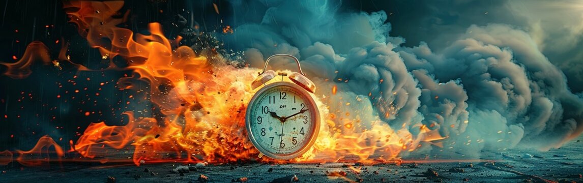 Clock on fire times burning end in fiery clock Running after time, alarm clock burning in fire, exploding rush hour