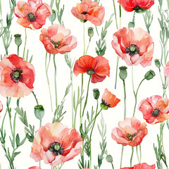 Fototapeta premium Watercolor Poppies on a Repeating Pattern