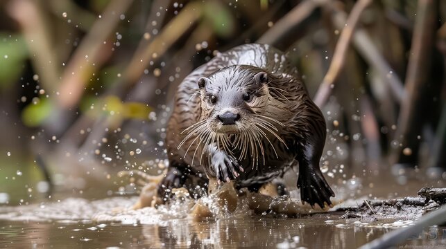 An otter sliding down a muddy riverbank into the water