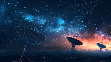 Radio telescope in starry night with milky way
