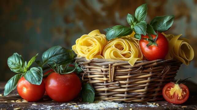 italian cuisine display, a woven basket showcasing assorted pasta, paired with a juicy tomato and fresh basil, bringing to mind the charm of an italian market