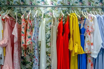Fashionable womens closet wallpaper with summer dresses and shirts hanging on a rack. Generative AI