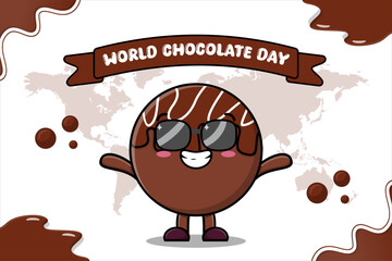 24	flat World Chocolate Day Celebration Poster Design illustration on July 7th	world chocolate day, round balls, cursive letters, heartshaped candy, chocolate festival, chocolate lovers, large bar, ar