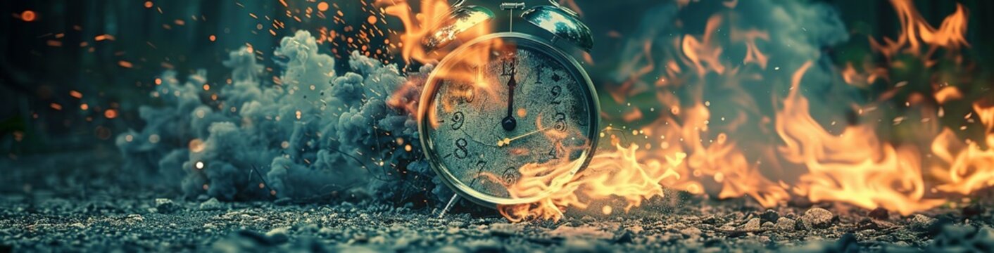 Clock on fire times burning end in fiery clock Running after time, alarm clock burning in fire, exploding rush hour